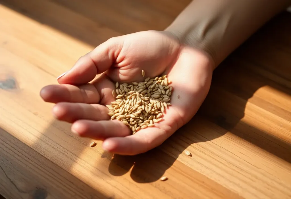 Une main féminine tient des graines de lin sur une table en bois, éclairée par la lumière naturelle.