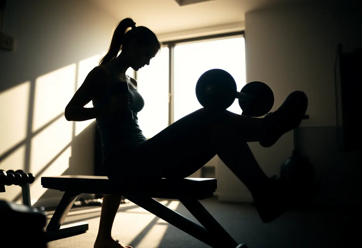 Un silhouette de femme effectue des développés couchés avec des haltères dans un home gym baigné de lumière naturelle.