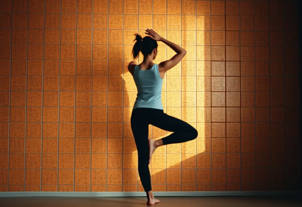 Silhouette d'une femme pratiquant des postures de yoga pour améliorer sa posture, bien-être et acceptation de soi.
