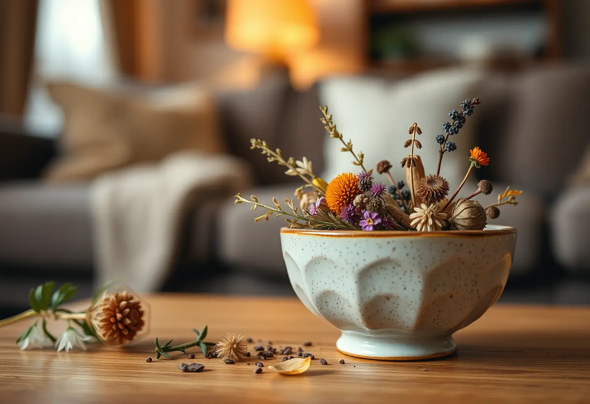 Bol en céramique contenant des herbes et fleurs sèches utilisées pour des remèdes naturels, bien-être et acceptation de soi.