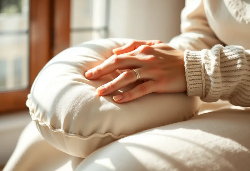 Une main féminine masse délicatement un coussin rond, symbolisant la douceur des soins de la poitrine.