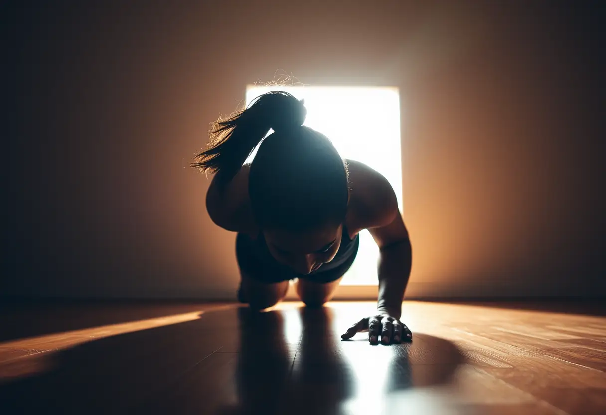 Un profil féminin effectuant des pompes, mettant en valeur l'exercice physique pour une poitrine plus ferme.