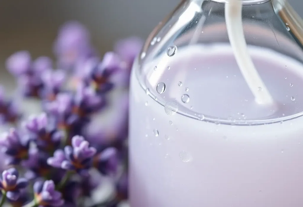 Un flacon en verre rempli d'une lotion apaisante à l'odeur de lavande, la lumière soulignant l'effet apaisant sur la peau, contribuant à une poitrine ferme