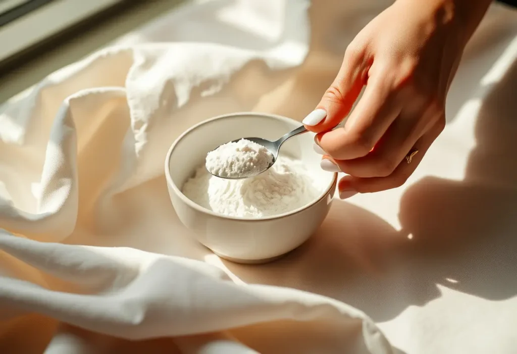 Une main féminine dépose délicatement une cuillerée de poudre blanche dans un bol en porcelaine