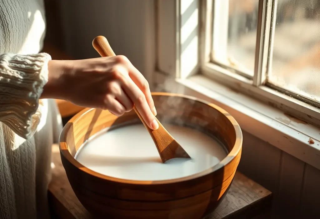 Main: une main féminine mélange délicatement une solution de bicarbonate de soude dans un seau en bois