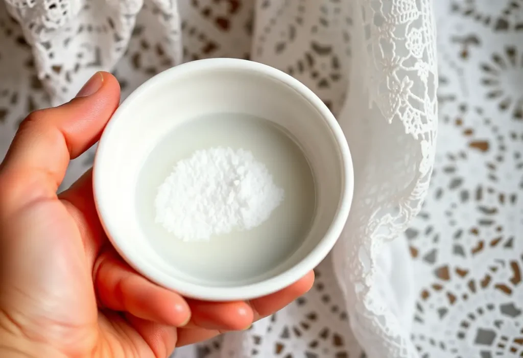 Main: une main tenant un bol en porcelaine blanc contenant un mélange de bicarbonate de soude et d'eau.