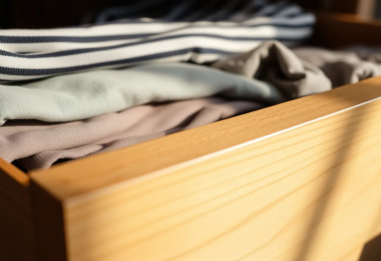 Une poignée de tiroir dans un meuble avec des vêtements pliés