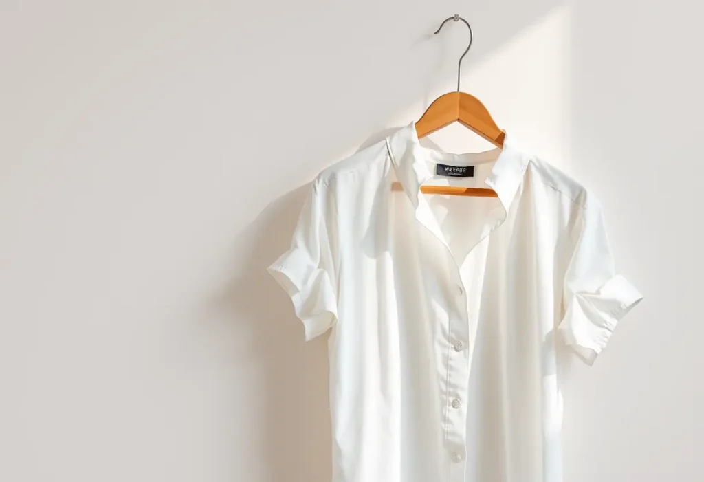Cintre en bois avec une blouse en coton blanche légèrement froissée, soulignant l'importance des mesures précises avant d'acheter des vêtements.