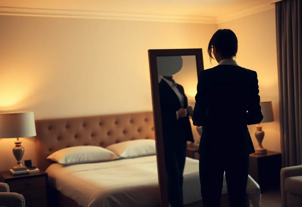 Un reflet dans un miroir de pied, ajustant une veste ajustée sur une chemise taillée
