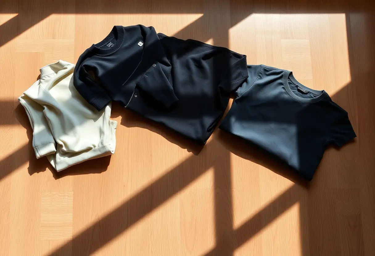 Ombres douces jouant sur une table où des vêtements pliés représentent différents styles