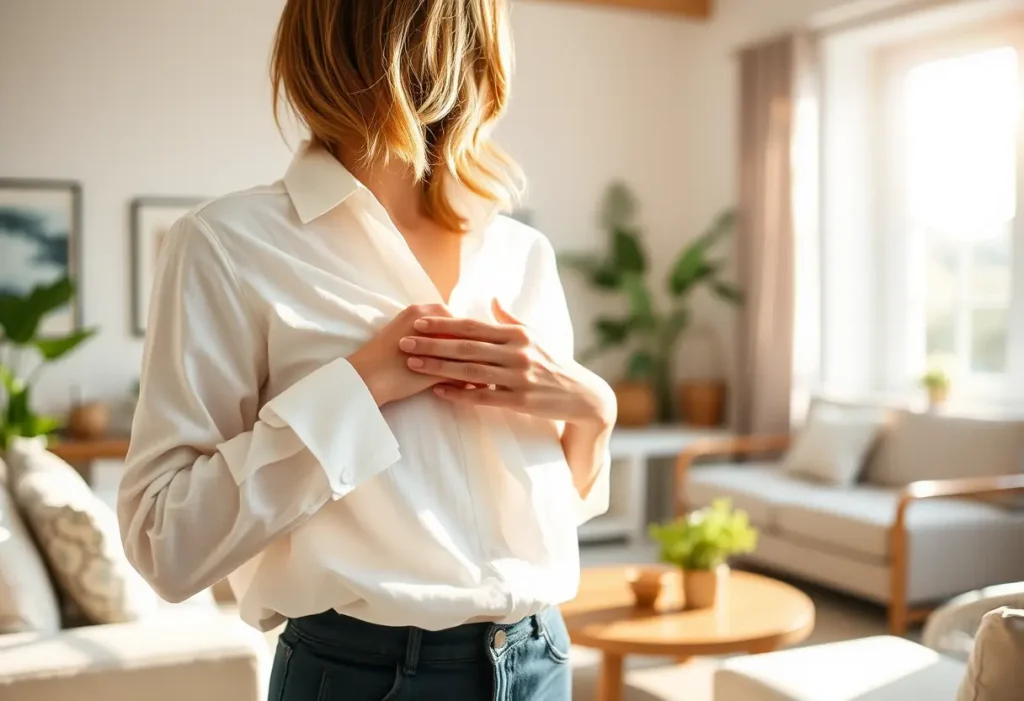 Une main féminine lisse doucement une ride sur un vêtement