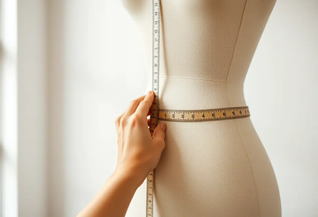 Une main féminine tient un règle en bois, mesurant une poupée mannequin, soulignant l'importance de connaître sa morphologie.