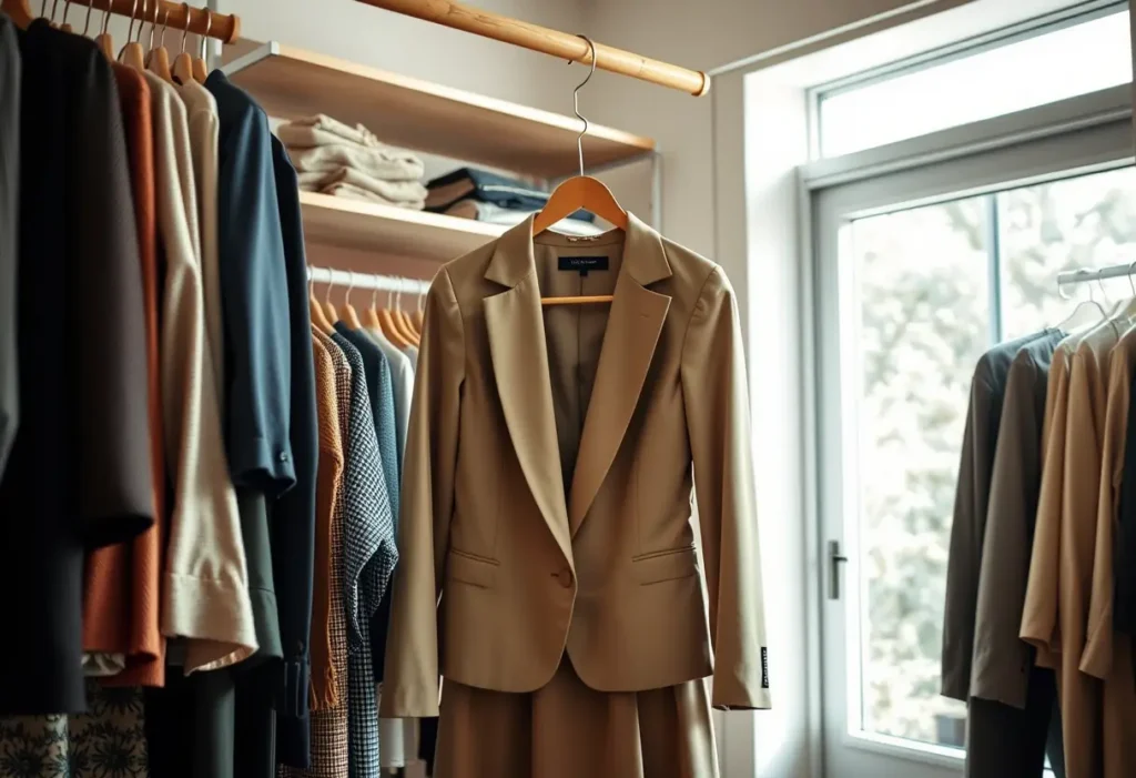 Un cintre en bois supporte une tenue habillée, aidant à valoriser chaque morphologie féminine.