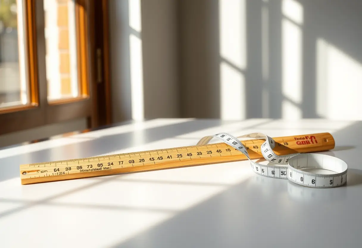 Un mètre rigide posé sur une table avec un ruban à mesurer, soulignant l'importance des mensurations pour connaître sa morphologie