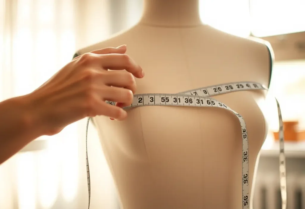 Main de femme tenant une règle à poser sur un mannequin, éclairée par la lumière naturelle