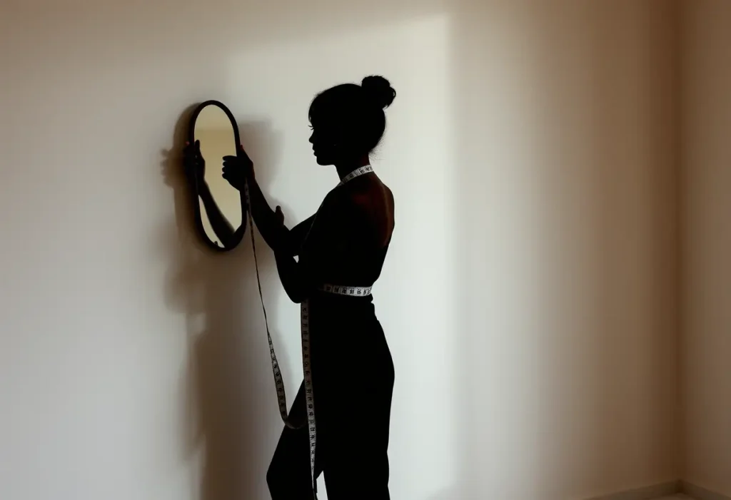 Silhouette féminine tenant un miroir et un ruban à mesurer, thème de l'article sur le tour de poitrine