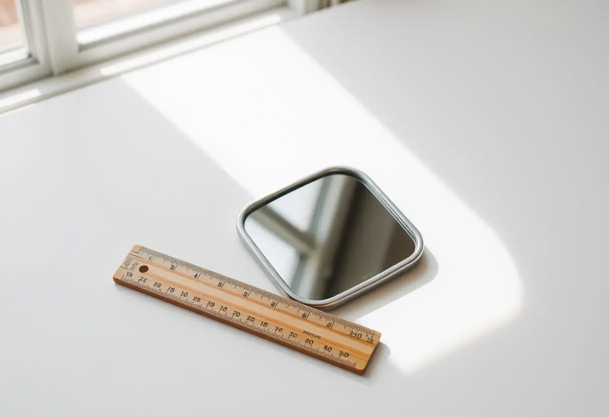 Un règle en bois posée à côté d’un miroir sur un bureau blanc, éclairé par la lumière du jour