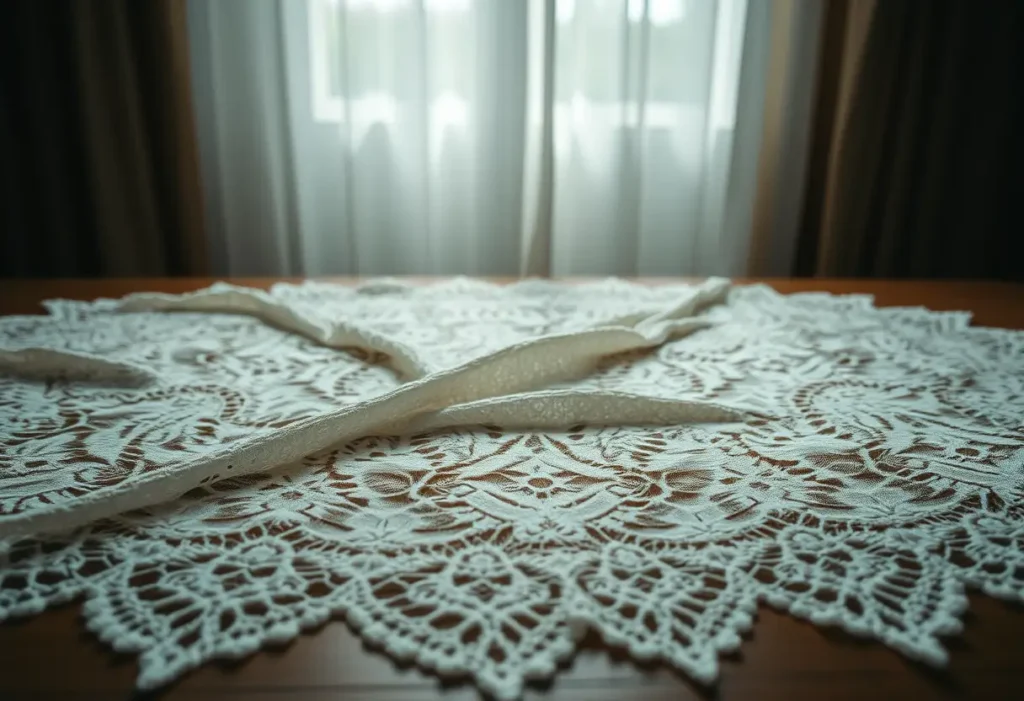 Un morceau de dentelle posé sur une table en bois, éclairé par la lumière du matin qui filtre à travers des rideaux translucides.
