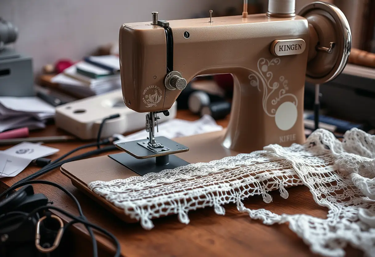 Une machine à coudre avec des aiguilles fines et un pied de presseur spécial sur un bureau encombré, soulignant la précision nécessaire pour travailler avec la dentelle.