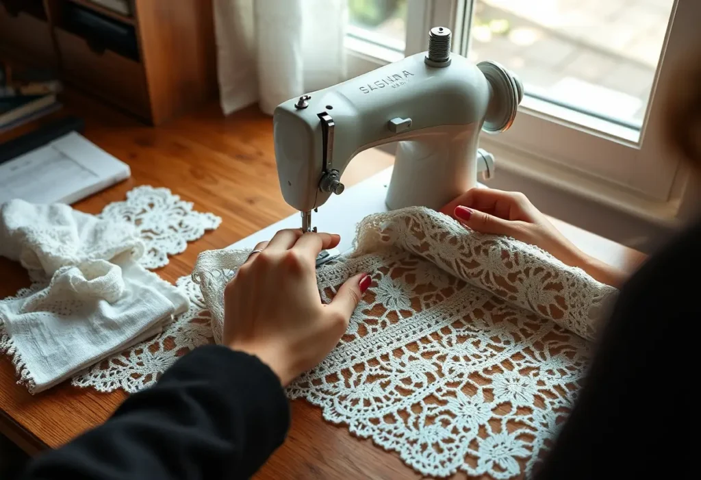 Une machine à coudre avec aiguille fine sur un bureau en bois, entourée de dentelles et de tissus pliés. Des mains féminines guident délicatement la dentelle.