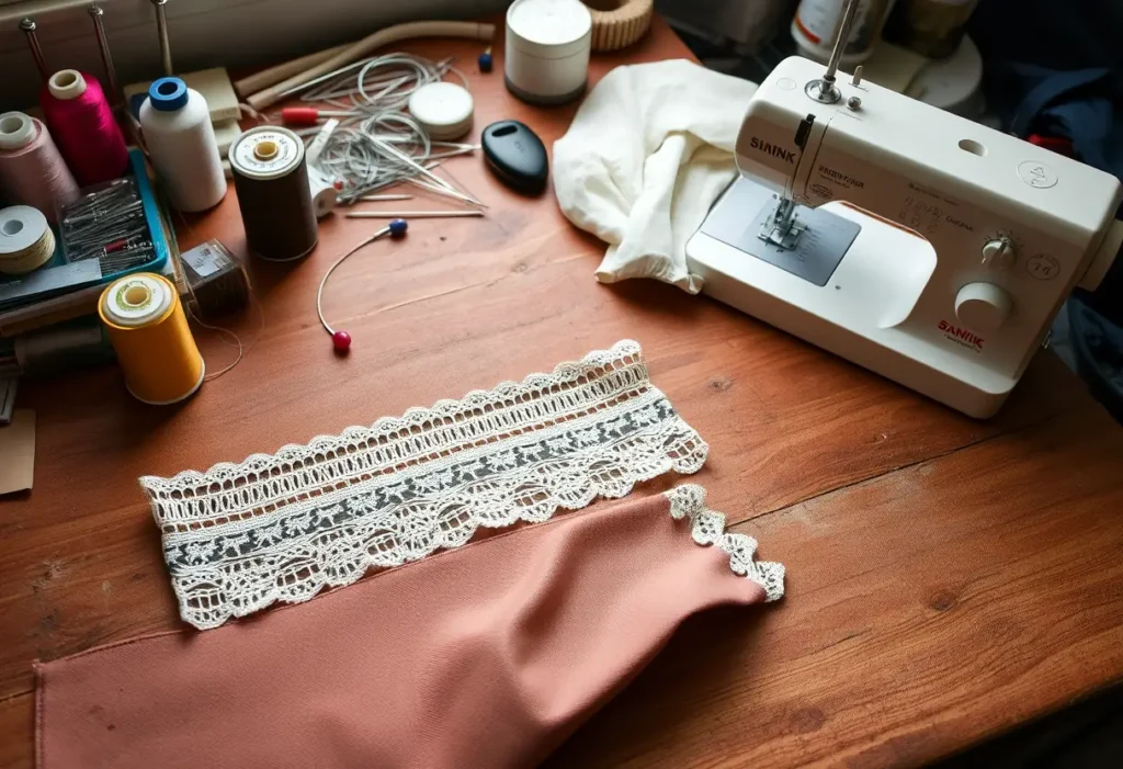 Un bureau de couturier avec des matériaux de couture, prêt pour coudre de la dentelle élastique sur un tissu extensible
