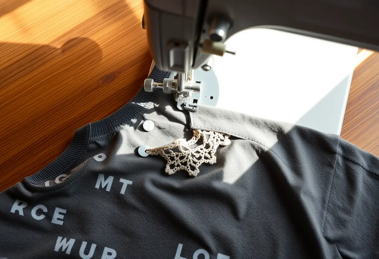 Machine à coudre posée sur un bureau avec un tee shirt orné de dentelle