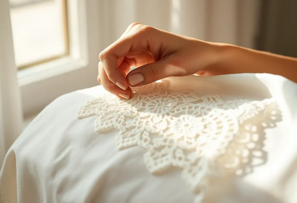Une main préparant délicatement de la dentelle sur du coton, lumière naturelle