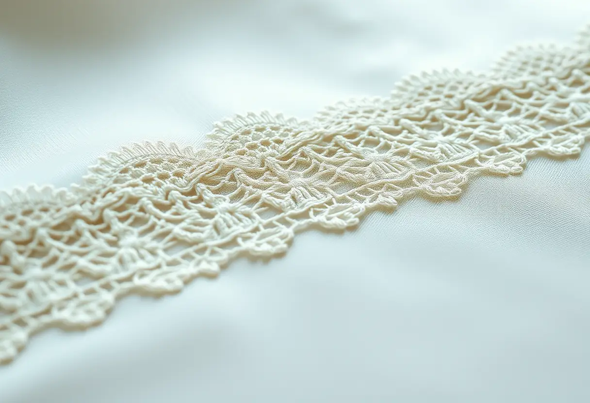 Un motif de dentelle élégant cousu sur un tissu satiné, éclairé par une lumière douce venant de derrière