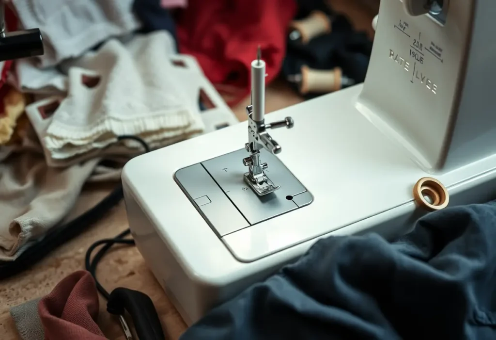 Machine à coudre sur un bureau avec divers tissus, lumière naturelle, travail minutieux