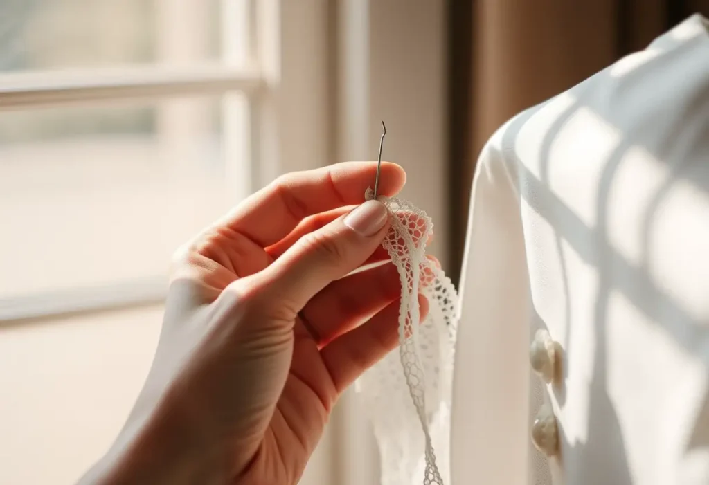 Une main féminine tient délicatement une aiguille au-dessus d’un ruban dentelé.