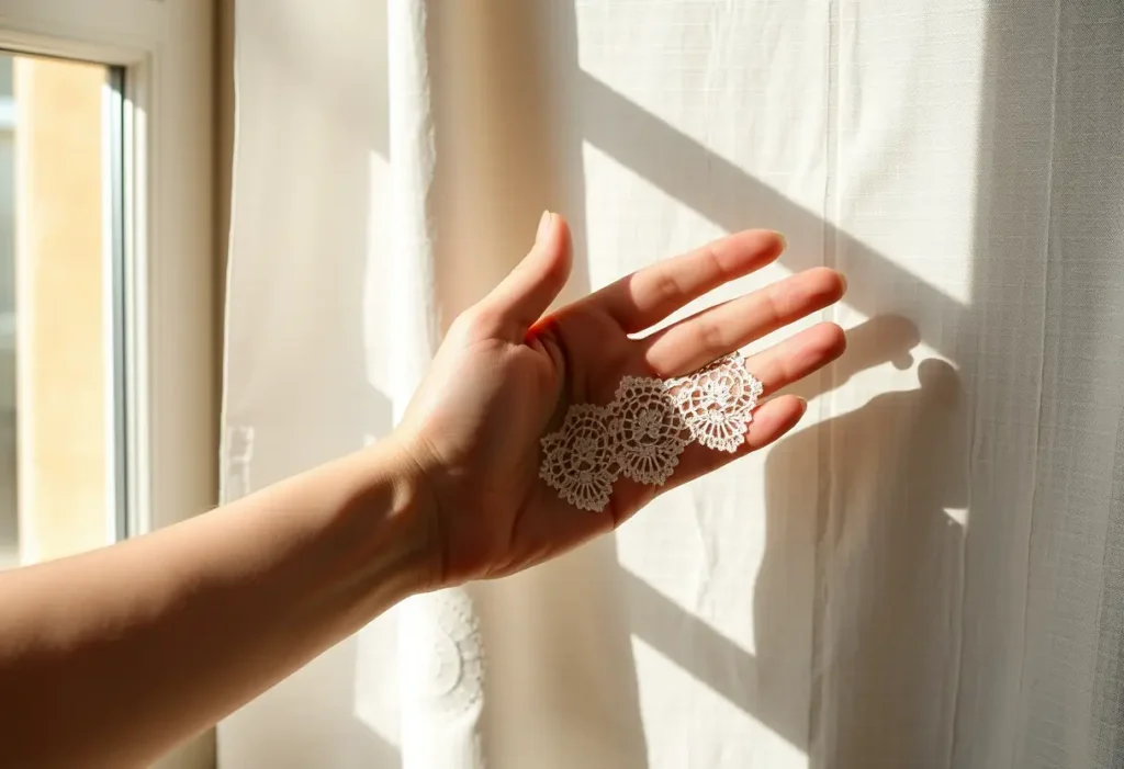 Main: une main posant une dentelle sur du tissu, lumière naturelle