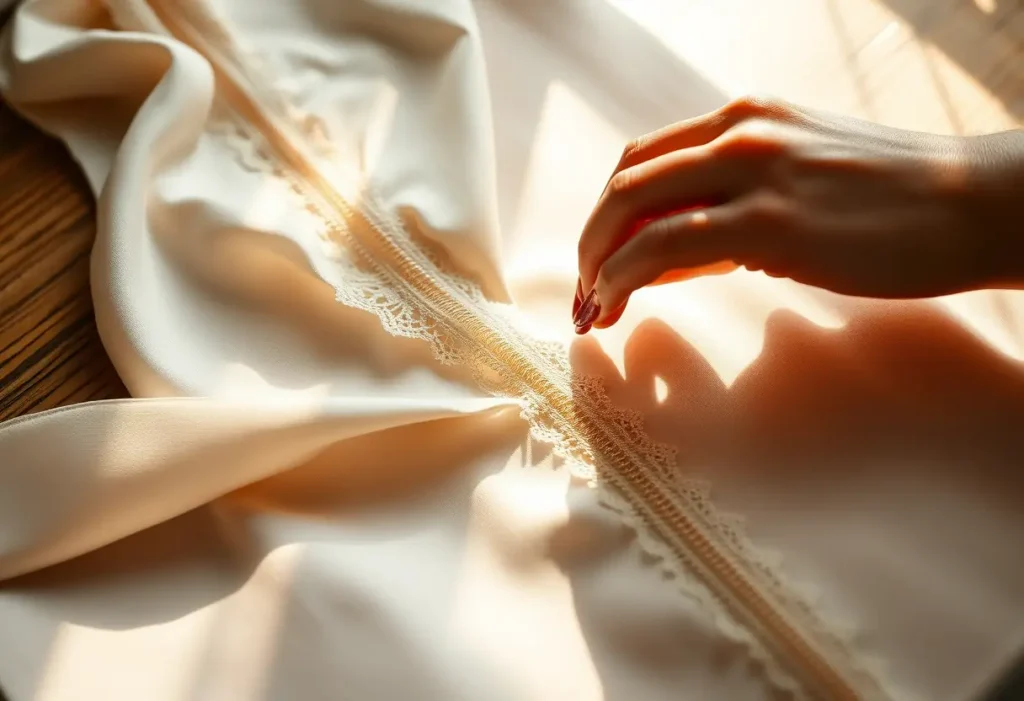 Une main féminine positionne délicatement une fermeture éclair dentelée sur un tissu soyeux