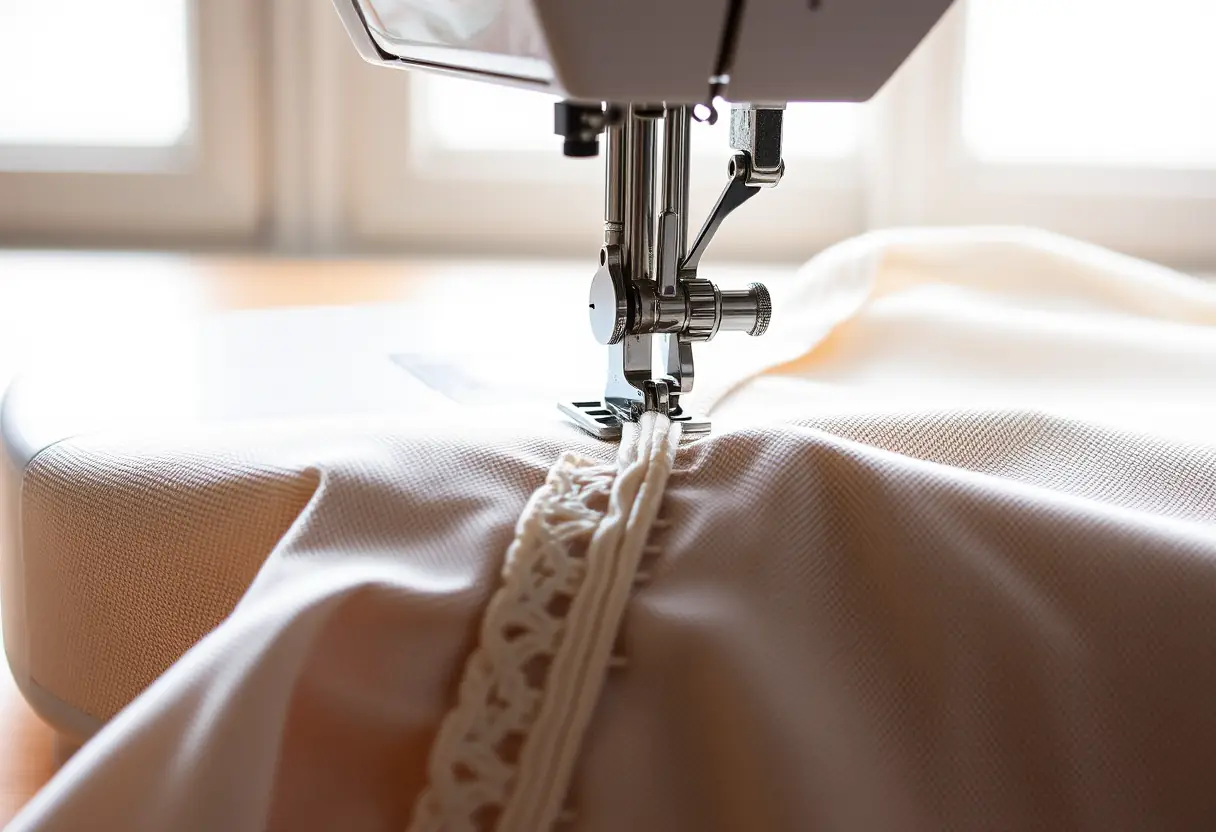 Une machine à coudre munie d'un pied spécial fermeture éclair brode délicatement une fermeture invisible à bord dentelé sur un tissu finement tissé
