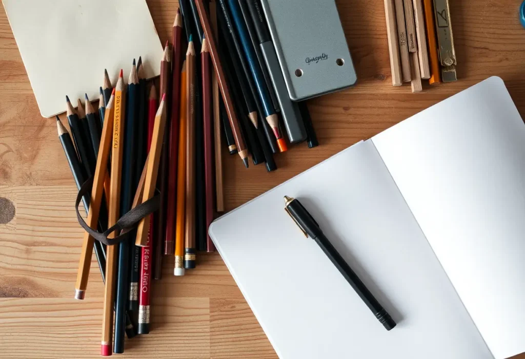 Un bureau en bois couvert de crayons de tailles variées et de bâtons de graphite, près d'un cahier de croquis ouvert