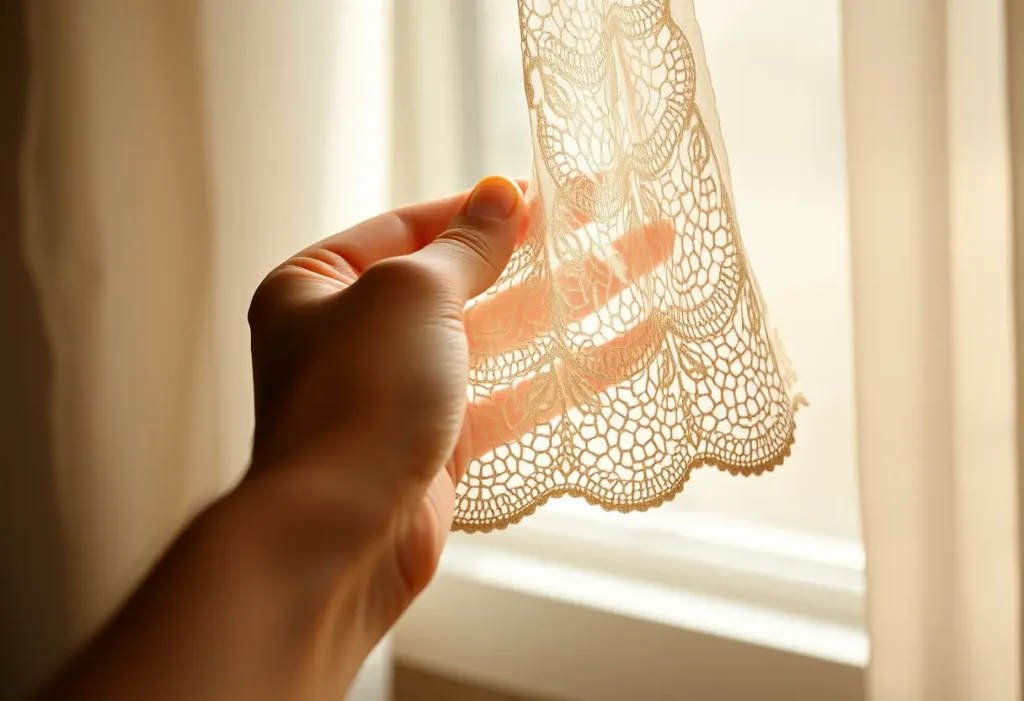Une main tenant du dentelle, les motifs sont mis en valeur par la lumière naturelle