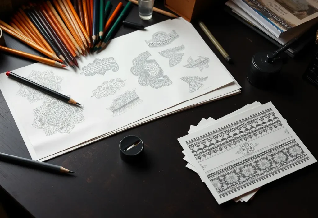 Bureau en bois avec divers crayons et dessins de dentelles terminés