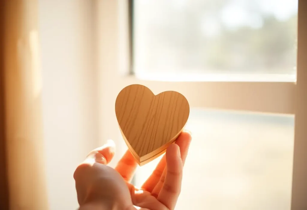 Une main tenant une boîte en bois sculptée en forme de cœur, symbolisant l'amour.
