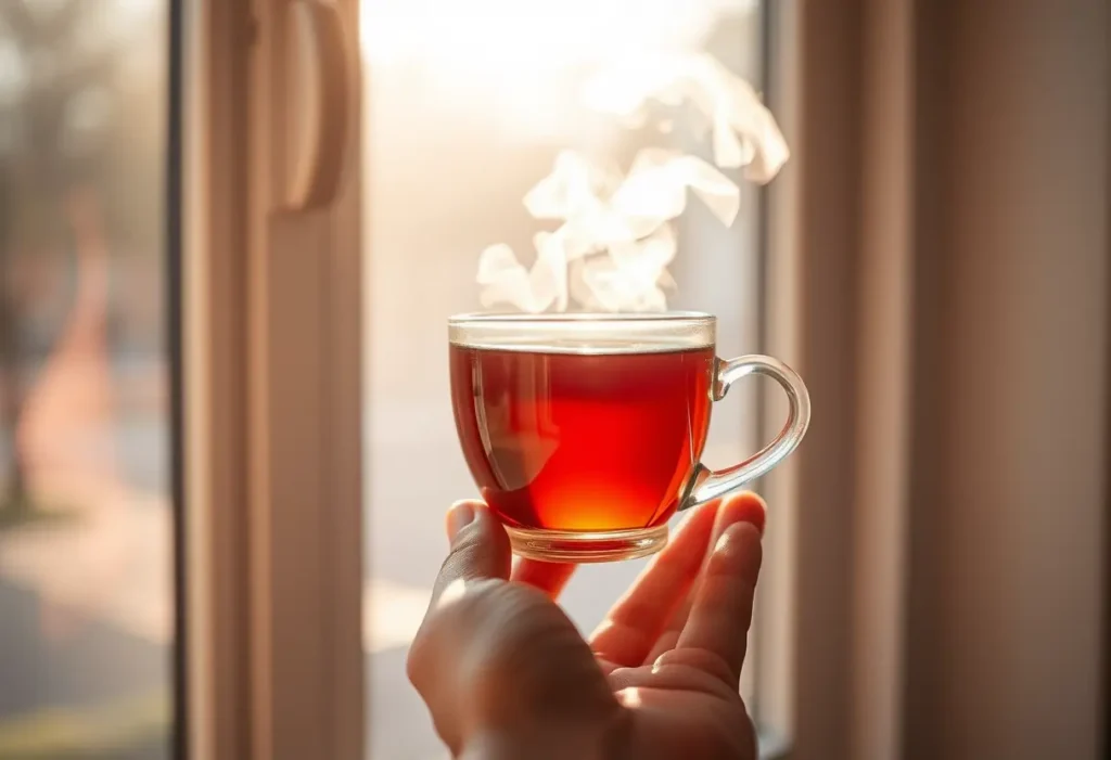 Une main tenant une tasse de thé fumant, la lumière du matin filtre à travers une fenêtre, évoquant douceur et tendresse.