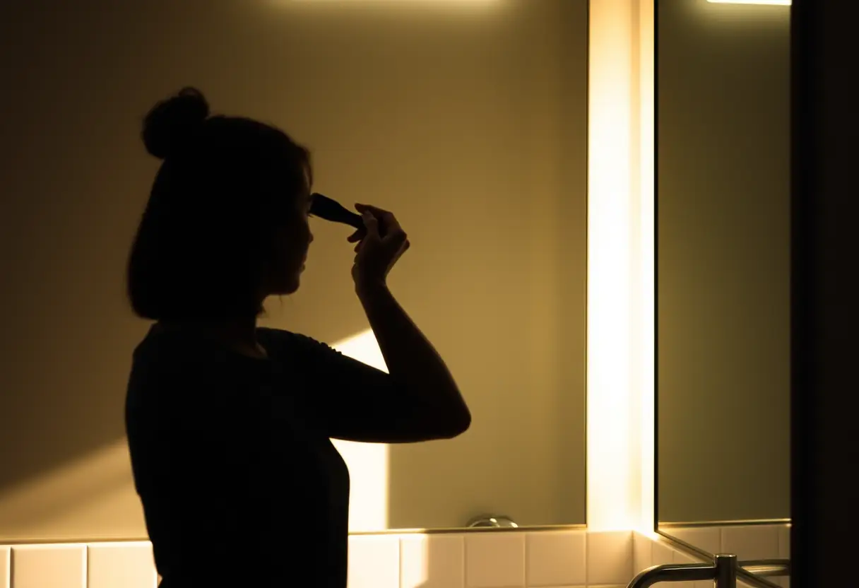 Un silhouettage de personne se coiffant devant un miroir, la lumière de la salle de bain réchauffe l'instant romantique.