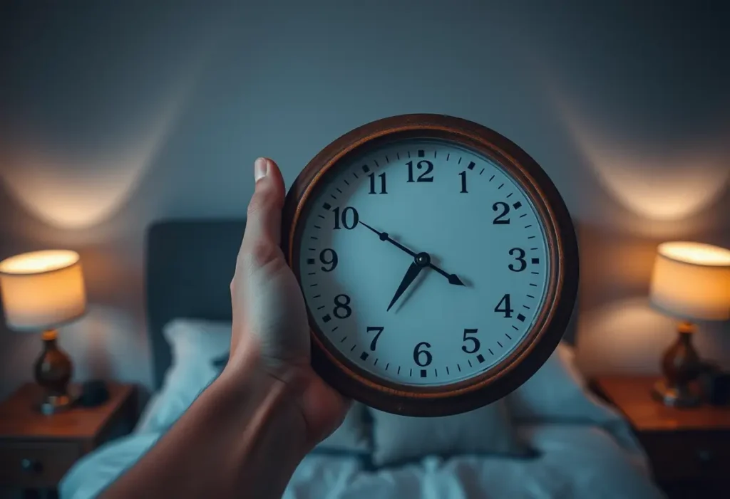Une main tenant une horloge à cadre en bois, éclairée par la douce lumière d'une veilleuse.
