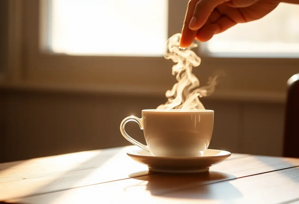 Une tasse de café sur une table en bois, éclairée par la lumière naturelle.