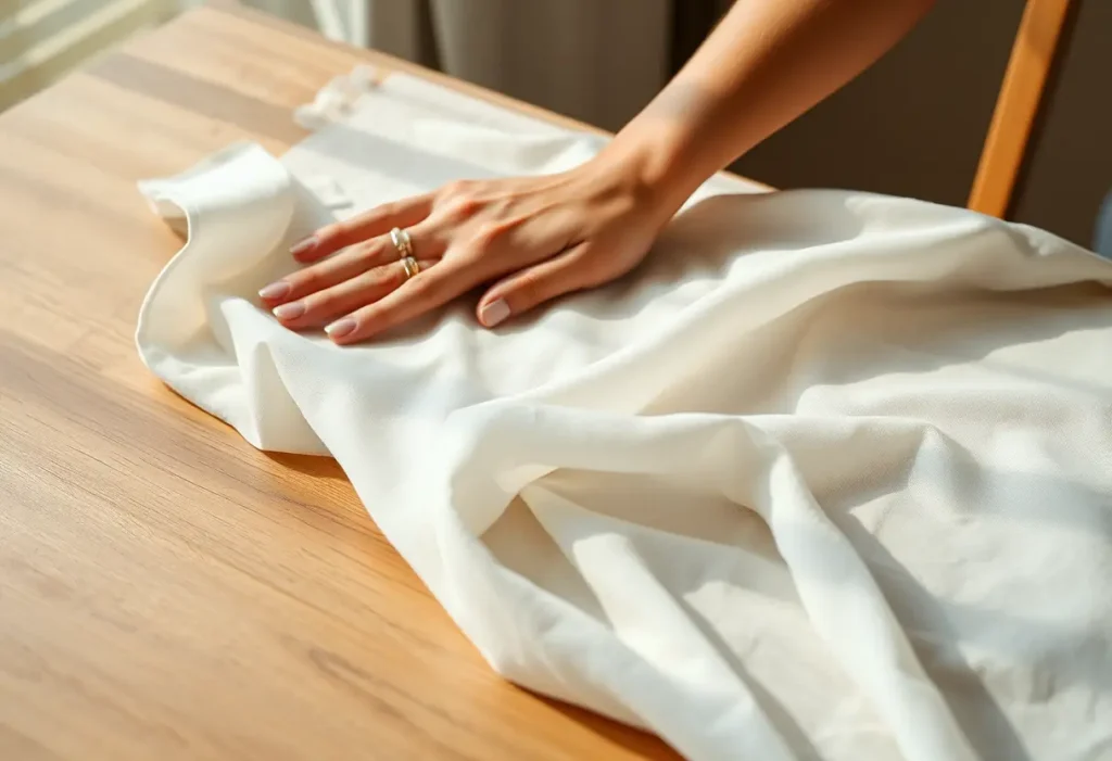 Main du femme lisant le tissu de coton voile pour doubler sa robe en dentelle