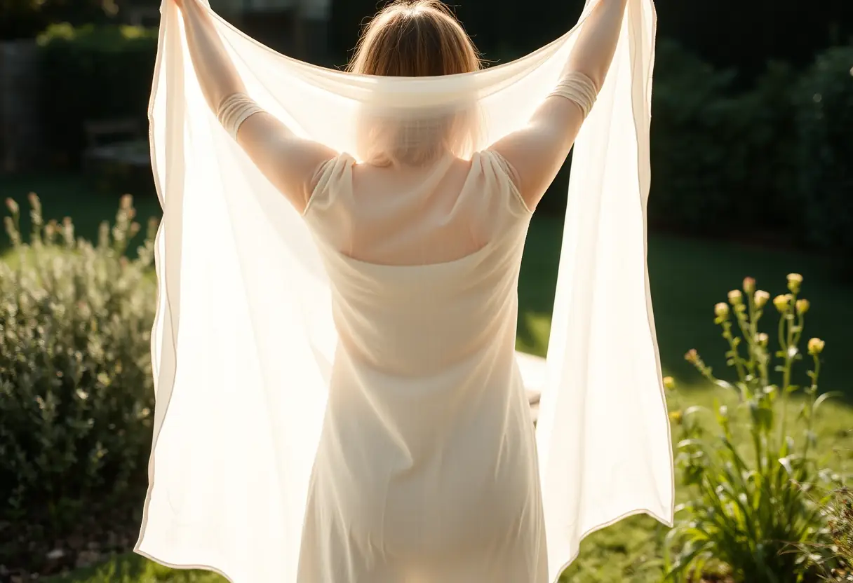 Femme tenant un morceau de batiste dans le jardin pour évaluer la doublure de sa robe