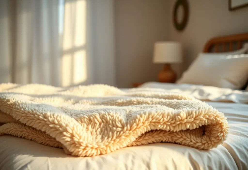 Un édredon douillet plié au pied du lit, ajoutant chaleur et confort.