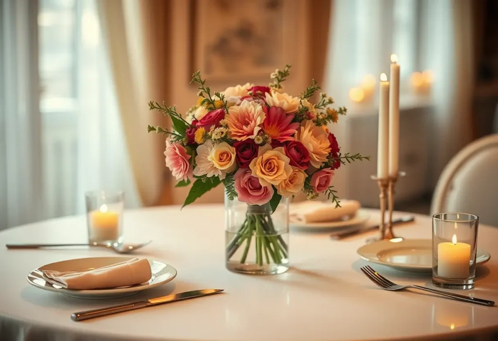 Table dressée pour deux personnes avec des bougies allumées