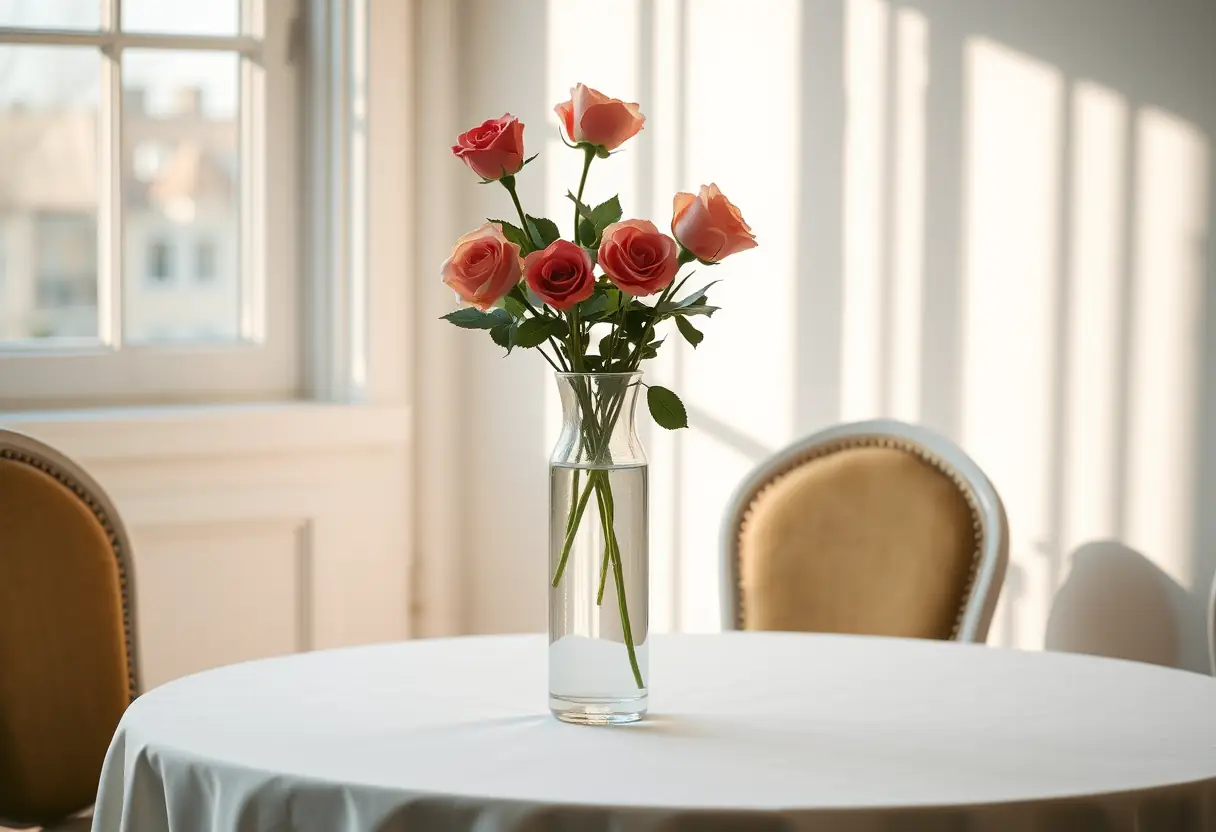 Vase en verre avec des roses fraîches sur une table élégante