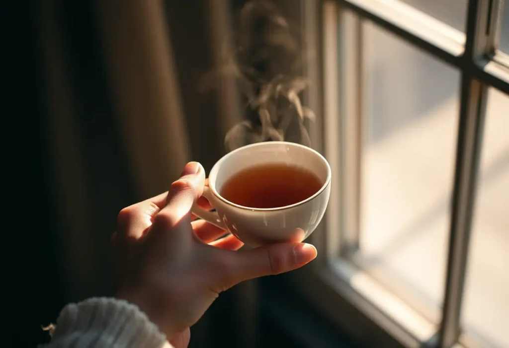 Une main tenant une tasse de thé