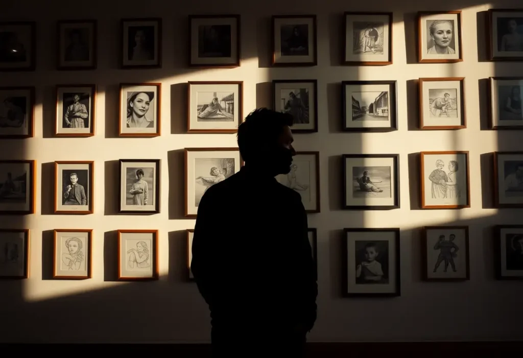 Un profil flou contre un mur orné de photos encadrées et de dessins