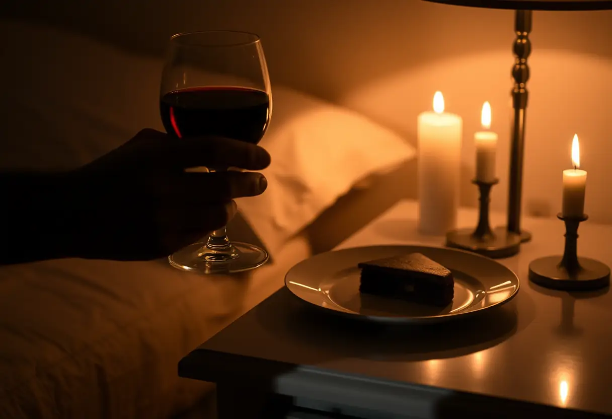 Un silhouetté tient un verre de vin rouge et une assiette de chocolat noir sur une table de nuit, éclairée par des bougies