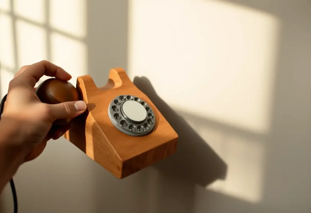 Une main tenant un récepteur téléphonique en bois